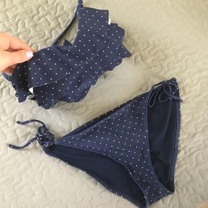 Women’s juniors navy ruffle polka dot bikini
